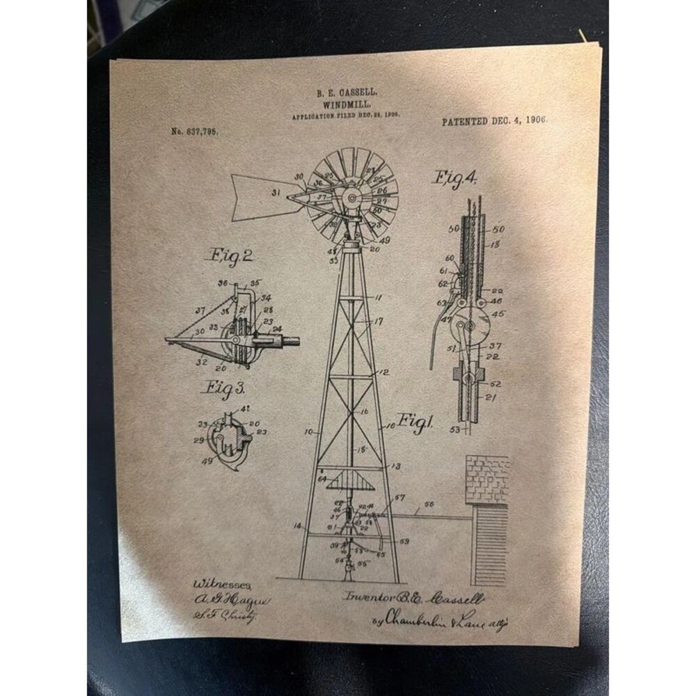 vintage-style novelty reprint of a U.S. patent print for a windmill